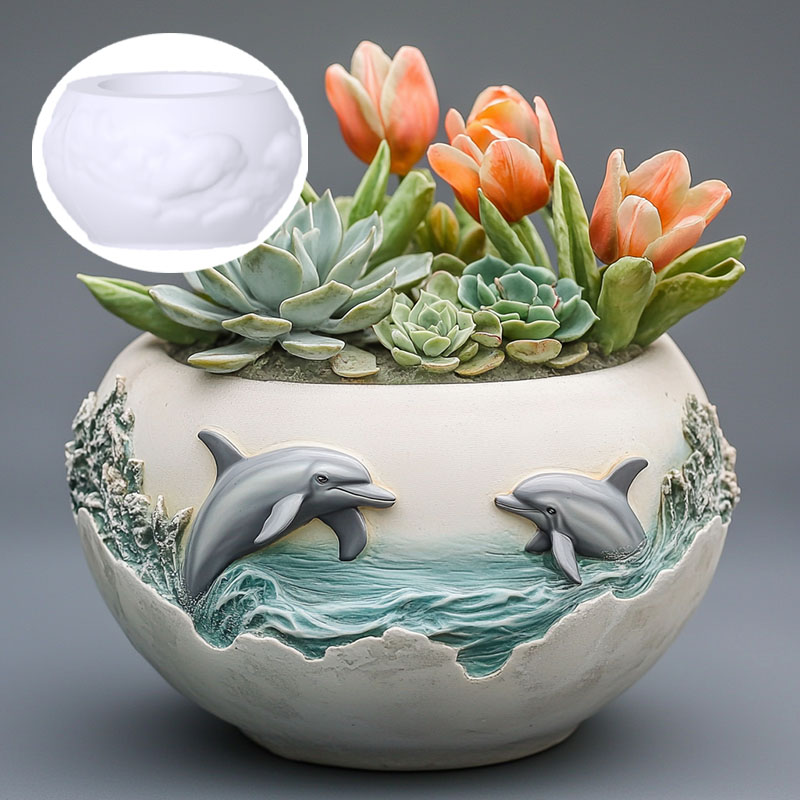 Resin Ocean Wave Mold - Пара рельефных дельфинов, сочные растения, цветочный